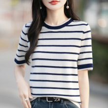 跨境2025夏季新款女装上衣棉针织衫短袖女T恤女圆领背心条纹批发