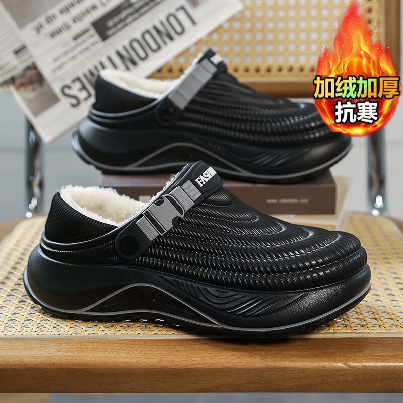 Light Luxury 2025 Fleece-Lined Warm Cotton Shoes for Men, Autumn and Winter Outer Wear, Beach Toe Non-Slip Slippers, Outdoor Shoes