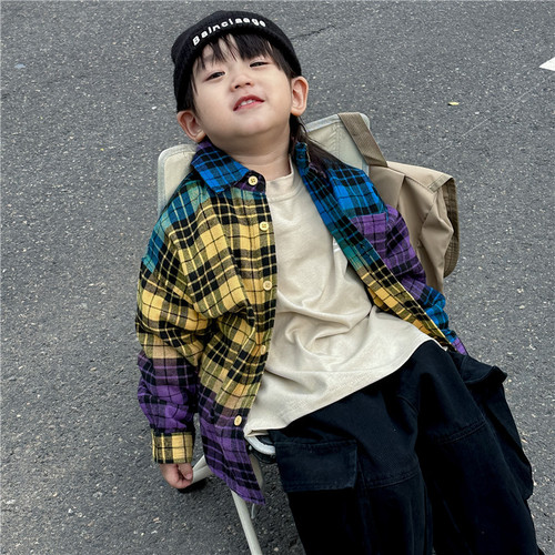 Children's Rainbow Grid Long-Sleeve Shirt 2024 New Autumn Outfit Boy's Grid Collar Shirt Trendy Middle and Small Children Baby Top