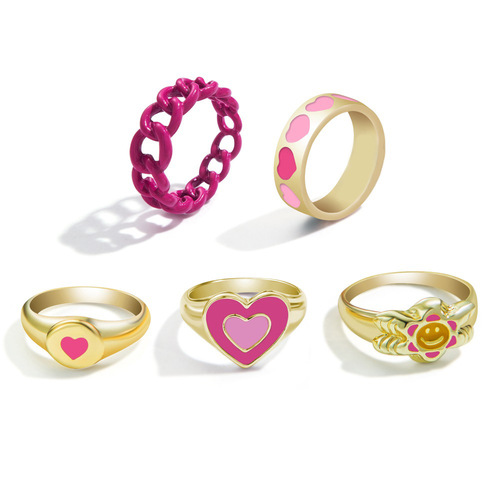 Muse Style Pink Tone Heart Hole 5-Piece Set Oil Droplet Ring Cross-Border INS Style Knuckle Index Ring Set for Women