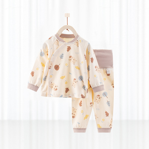 Baby underwear set spring and autumn pure cotton high waist belly protection partial placket set children's autumn clothes and autumn trousers home clothes