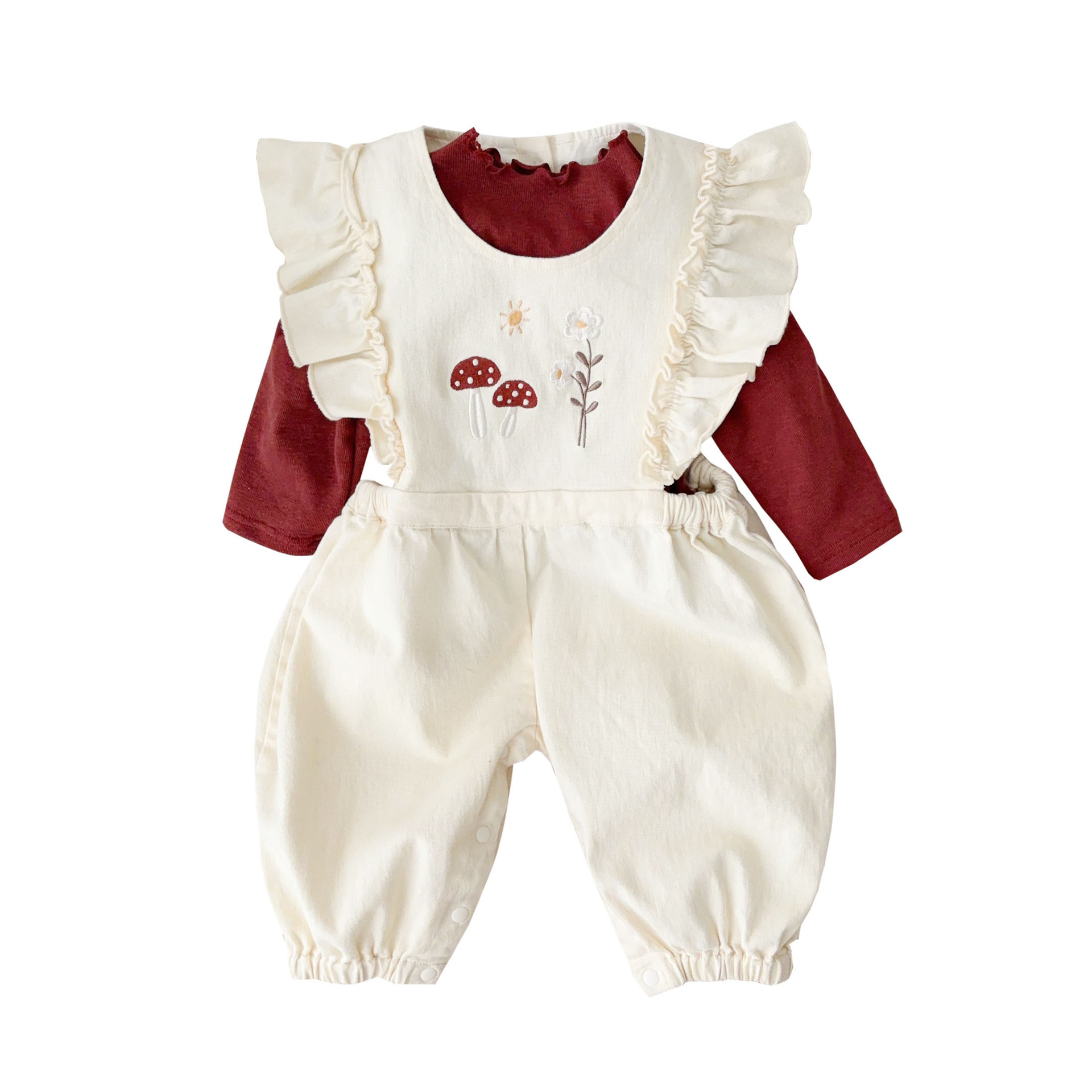 Primavera 2025 nuevo producto Corea de una clase de bebé bordado de dibujos animados traje de correa de hongo estilo occidental ropa de salida para bebés