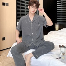 日系青年云朵棉睡衣男式春秋薄款纯色棉纱开衫短袖长裤休闲家居服