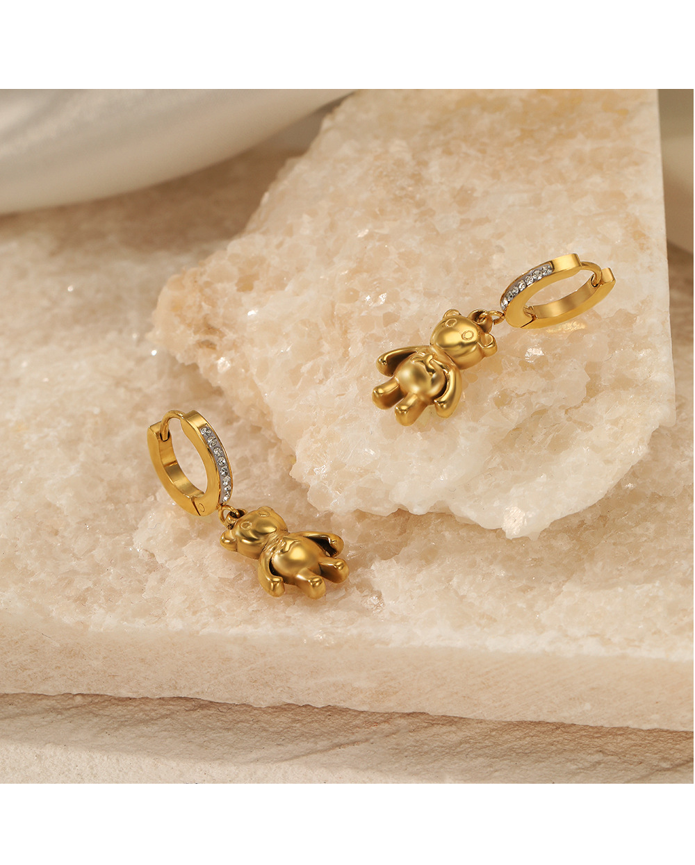 Cute Bear Stainless Steel Gold Plated Rhinestones Drop Earrings 1 Pair