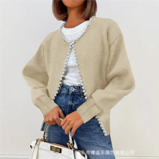Amazon European and American Cross-Border Women's Clothing 2025 Autumn and Winter New Round Neck Pearl-Edged Long-Sleeved Cardigan Jacket for Women