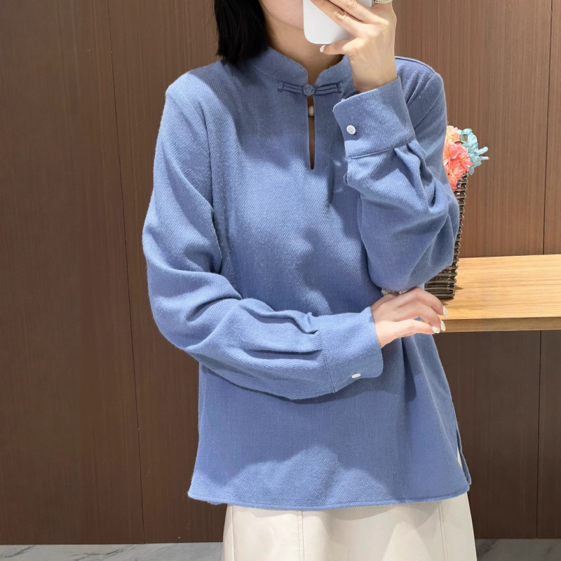 南油2025早秋款设计感领口盘扣中式立领羊毛上衣单穿打底超美衬衫|undefined
