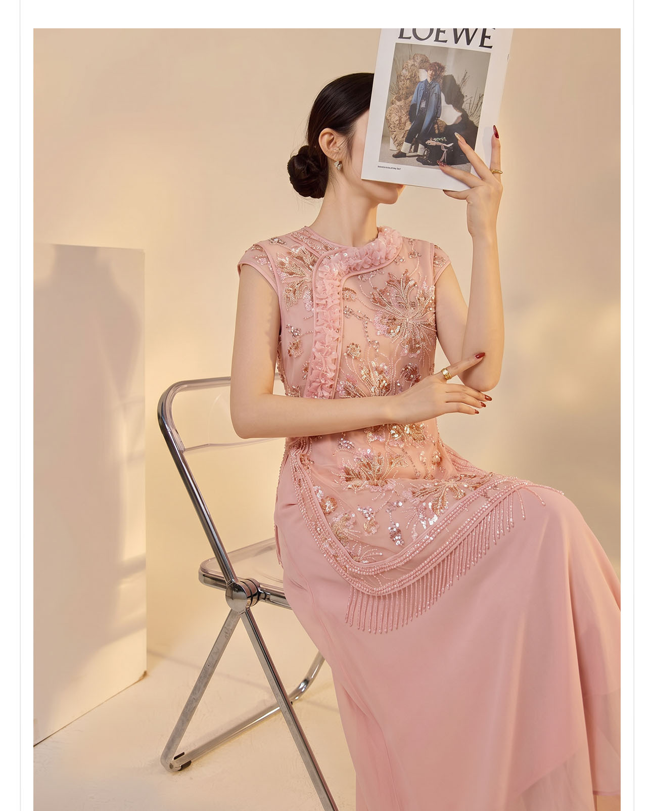 Đầm maxi nữ thêu hoa cao cấp kiểu mới — màu hồng chi tiết 5