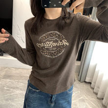 巨好看！磨毛打底衫女25秋冬韩版时尚豹纹印花正肩T恤女新G111411