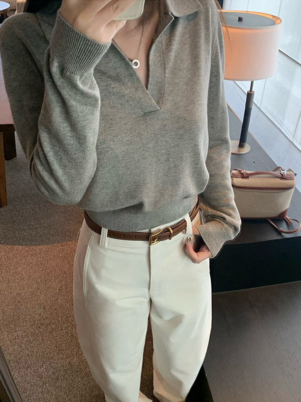 槿一 高智淡人毛衣 老钱风Polo领针织衫女慵懒休闲V领长袖上衣秋|undefined
