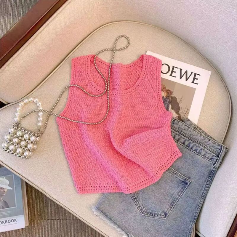 Rose Pink Short Knit Top for Summer 2025, New Style Camisole Sleeveless Women's Top, Exclusively for Cross-Border Sales Rose Pink Short Knit Top for Summer 2025, New Style Camisole Sleeveless Women's Top, Exclusively for Cross-Border Sales