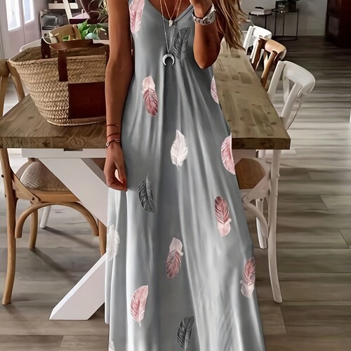 European and American Spring/Summer Sleeveless Slim-Fit Feather-Print Low-Cut V-Neck Strap Maxi Dress for Women