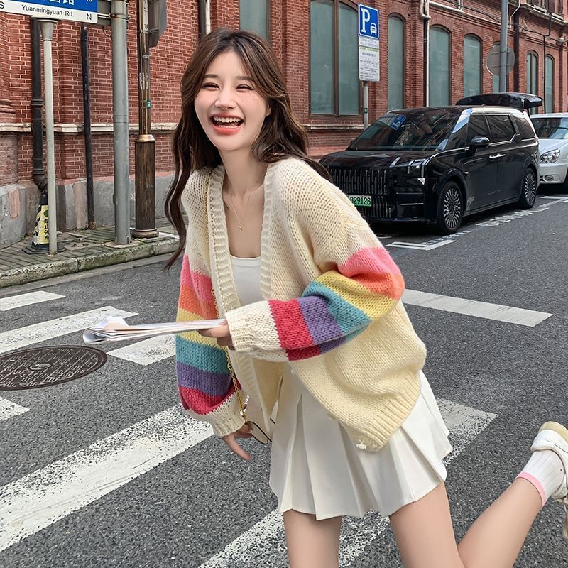 Dopamine Rainbow Knitted Cardigan Jacket Top Women's Summer Versatile New Loose Lazy Style Chic Sweater Outer Wear