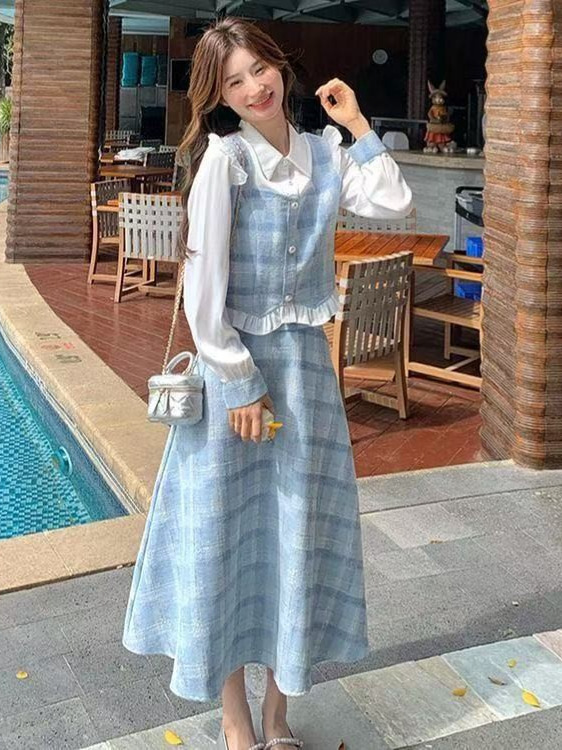 蓝色气质千金风两件套女2025春新款格纹拼接假两件上衣半身裙套装|undefined