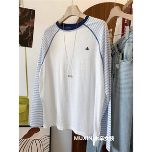 Official picture plus size 200 pounds embroidered age-reducing versatile striped stitching raglan sleeve summer thin sun protection top