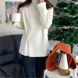 半高领打底毛衣女2026年新款秋冬设计感纽扣开叉纯色坑条针织衫潮