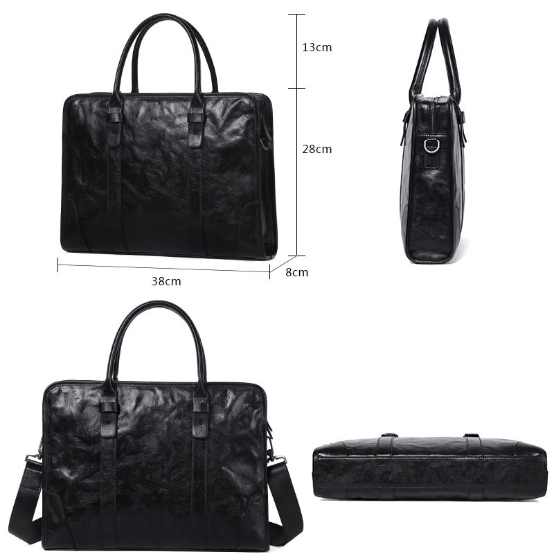 Túi xách tay nam da bò thật công sở đựng laptop 14 inch, 38×8×28 cm — Màu Đen thuộc da bình thường bên trong màu đen, Lớp lót flannel cao cấp, Lớp lót nỉ flannel cao cấp cầm tay màu đen
