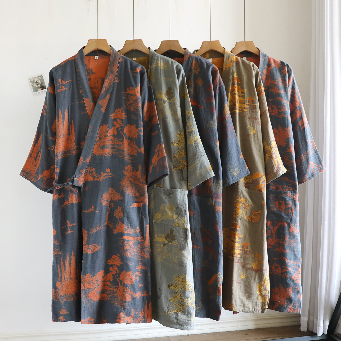 Japanese-Style Pure Cotton Gauze Pajamas Men's Bathrobe Spring and Autumn Full Cotton Long Kimono Nightdress Plus Size Loungewear