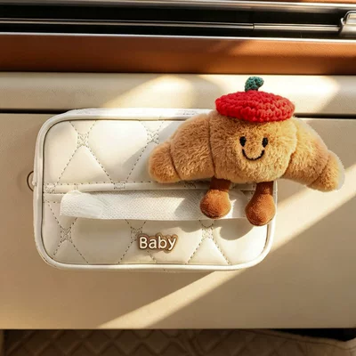 Car glove box tissue box cute croissant shape 2026 new model 3D hanging car tissue box car decoration (Car tissue box/set) - croissant-shaped-bag-beige-diamond-patterned-glove-box-tissue-box