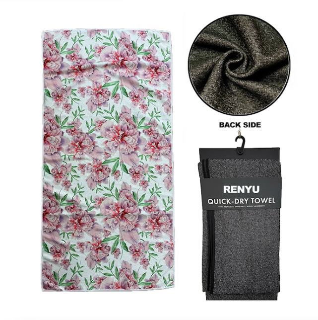 Grs Factory Rpet Regenerated Towel Cationic Ant Cloth Black Custom Pattern Beach Towel on the Back