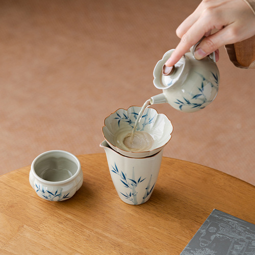Plant gray retro hand-painted bamboo tea drain ceramic kung fu tea brewing tea filter household tea set accessories