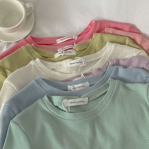 Women's Summer New Indie Casual Matchable Crew Neck Ribbed Short Sleeve T-Shirt Wholesale