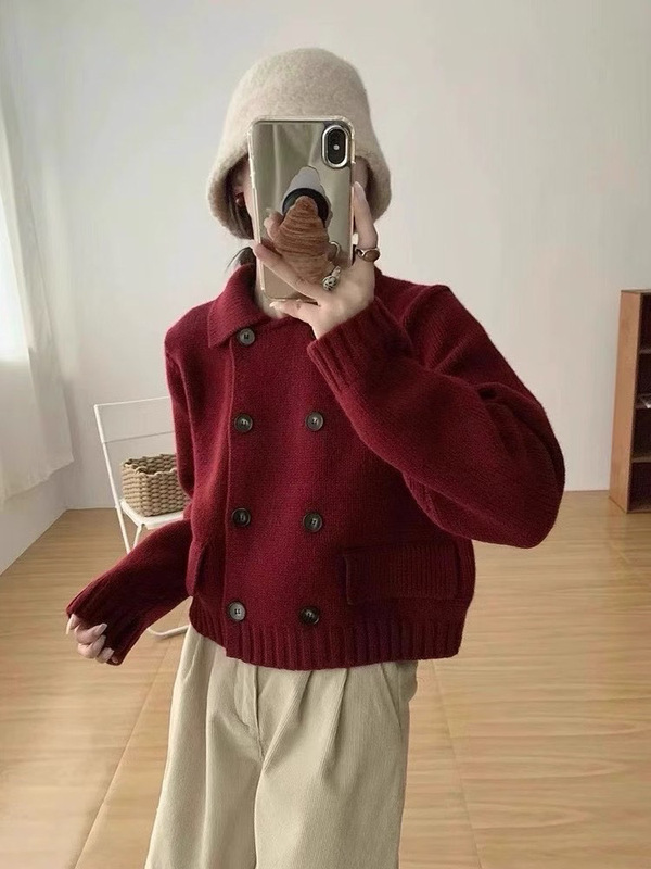 韩系简约风双排扣翻领外套女2025秋冬新款时尚百搭假口袋针织开衫|undefined