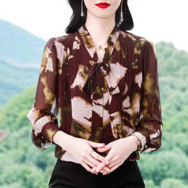 2025春装新款印花蝴蝶结衬衫女长袖雪纺上衣内搭遮肚子套头打底衫