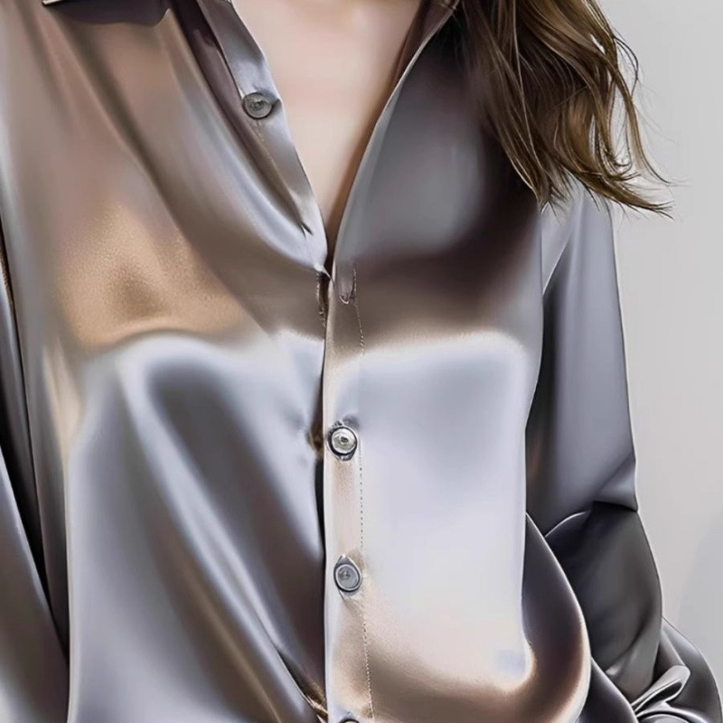 2025 春と秋の新ハイエンドグレーアセテートサテンシャツ女性の長袖シックなフレンチシルクプロフェッショナルシャツ|undefined
