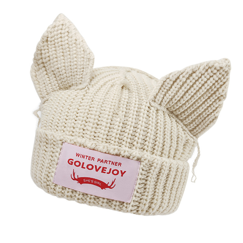Autunno e inverno Nuovo piccolo e carino cappello con orecchio di volpe Cappello lavorato a maglia con orecchio di gatto di maiale femminile Cappello freddo caldo e antivento_voghion.com