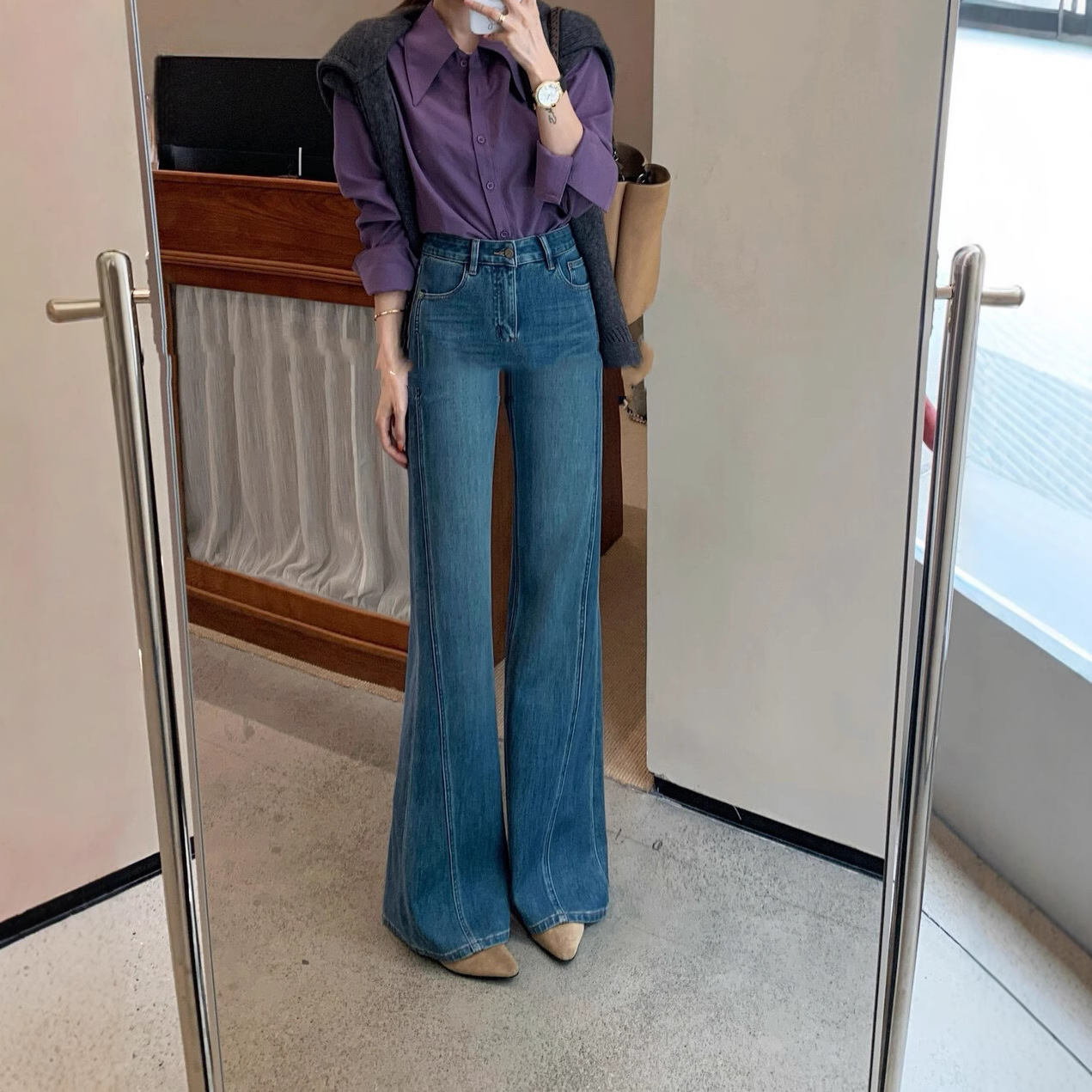 European-Style Homemade Four-Way Stretch Straight-Leg Flared Pants for Women, 2025 Autumn Model, Fishbone Edge, Slimming, Wrinkle-Resistant Jeans