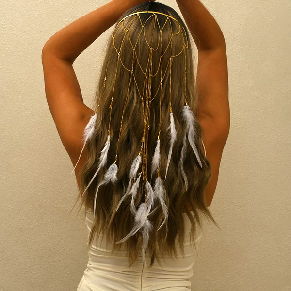 Cross-Border Hot-Selling Tassel Rhinestone Feather Hair Chain Hair Accessories Fashionable Cut Out Mesh Rhinestone Hair Hoop Women's Hair Chain