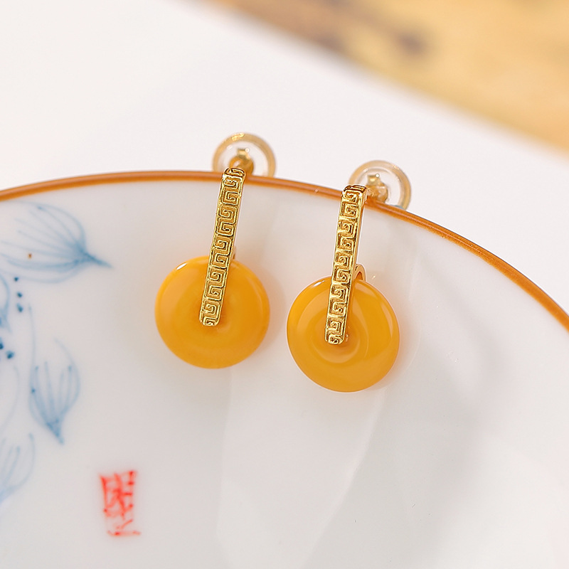 Bông tai bạc S925 mạ vàng họa tiết sáp ong phong cách Trung Hoa — một cặp