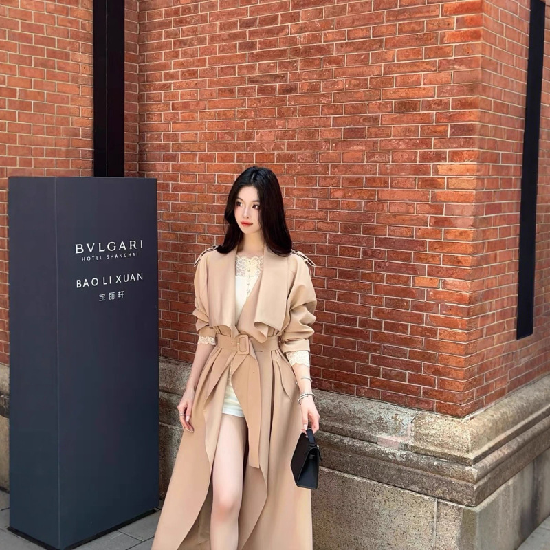 FairyJiang秋季新款翻领卡其色风衣外套女长款收腰休闲大衣含腰带|undefined