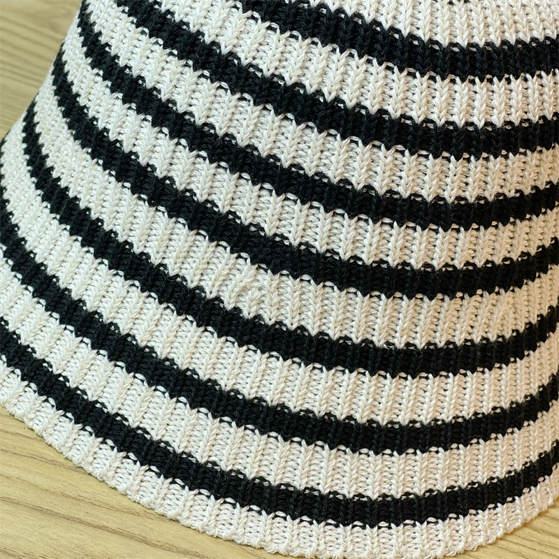 New Hat for Women's Casual Shopping Striped Fisherman Hat, Korean Version, Fashionable and Versatile Knitted Round Top Basin Hat, Foldable and Trendy_voghion.com