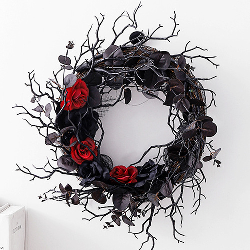 Hong Kong Love Halloween Dead Branch Wreath Simulated Flower Black Decorative Wreath Door Hanging Holiday Arrangement Rattan Wreath Wall Hanging