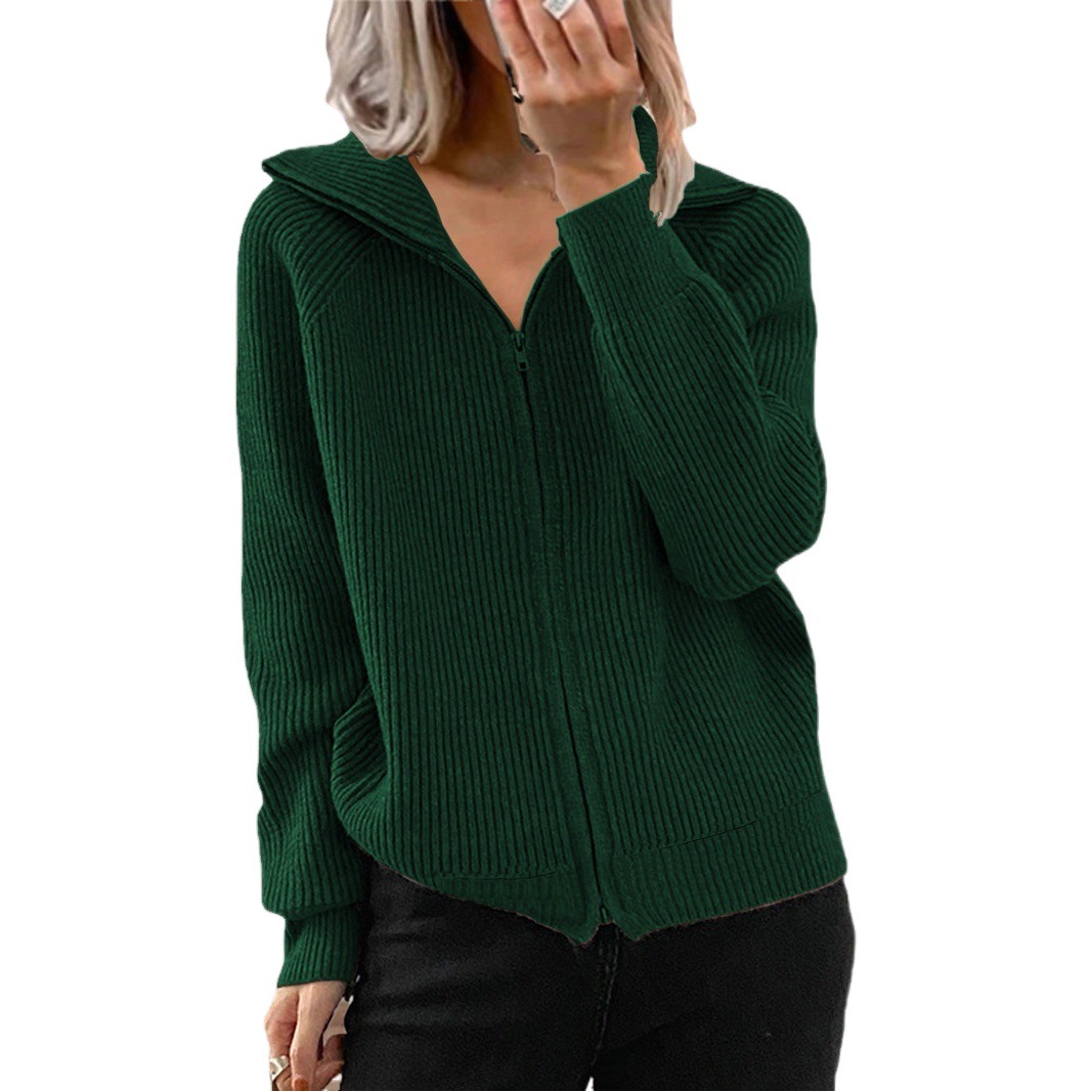 Otoño e invierno transfronterizo europeo y americano Nuevo abrigo casual a rayas suéter suelto cremallera cardigan manga larga suéter de solapa para mujer image 1