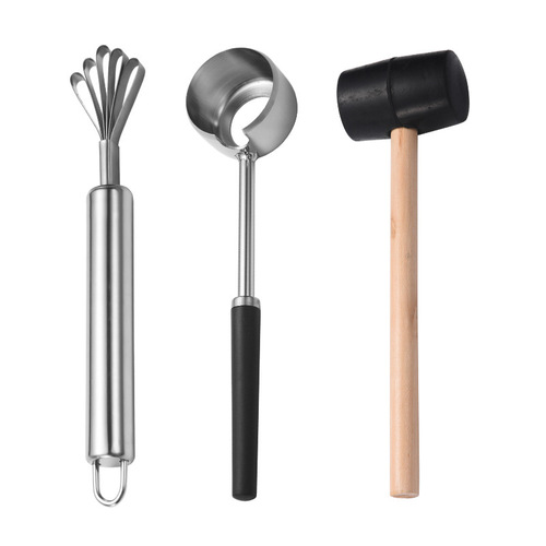 Stainless steel coconut opener set, coconut meat plane with wooden handle, coconut rubber opener hammer, green tender coconut opening tool