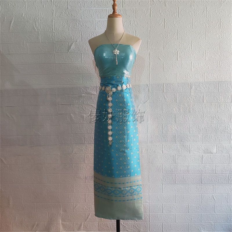B3 sky blue skirt four-piece set including chest-wrapped skirt, belt and necklace