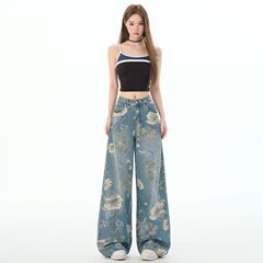 アメリカ式の花の広い足の水洗いのジーパンの女性2025新型の夏のまっすぐな筒は明らかにやせています。