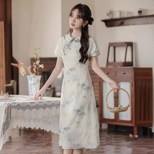 新中式国风娃娃领连衣裙女夏季2024新款小个子收腰改良旗袍长裙子