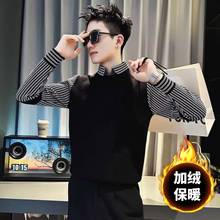 男士假两件秋季时尚毛衣秋冬季韩版潮流外穿修身加绒加厚条纹线衣