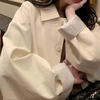 预售浅春淡人系"亚麻翻领拼接风衣外套女春通勤上衣