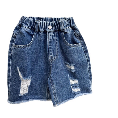 Beggar Wind Summer Children's American Style Denim Frayed Mid-Crotch Jeans for Boys and Girls, Retro Matchable Denim Short Pants