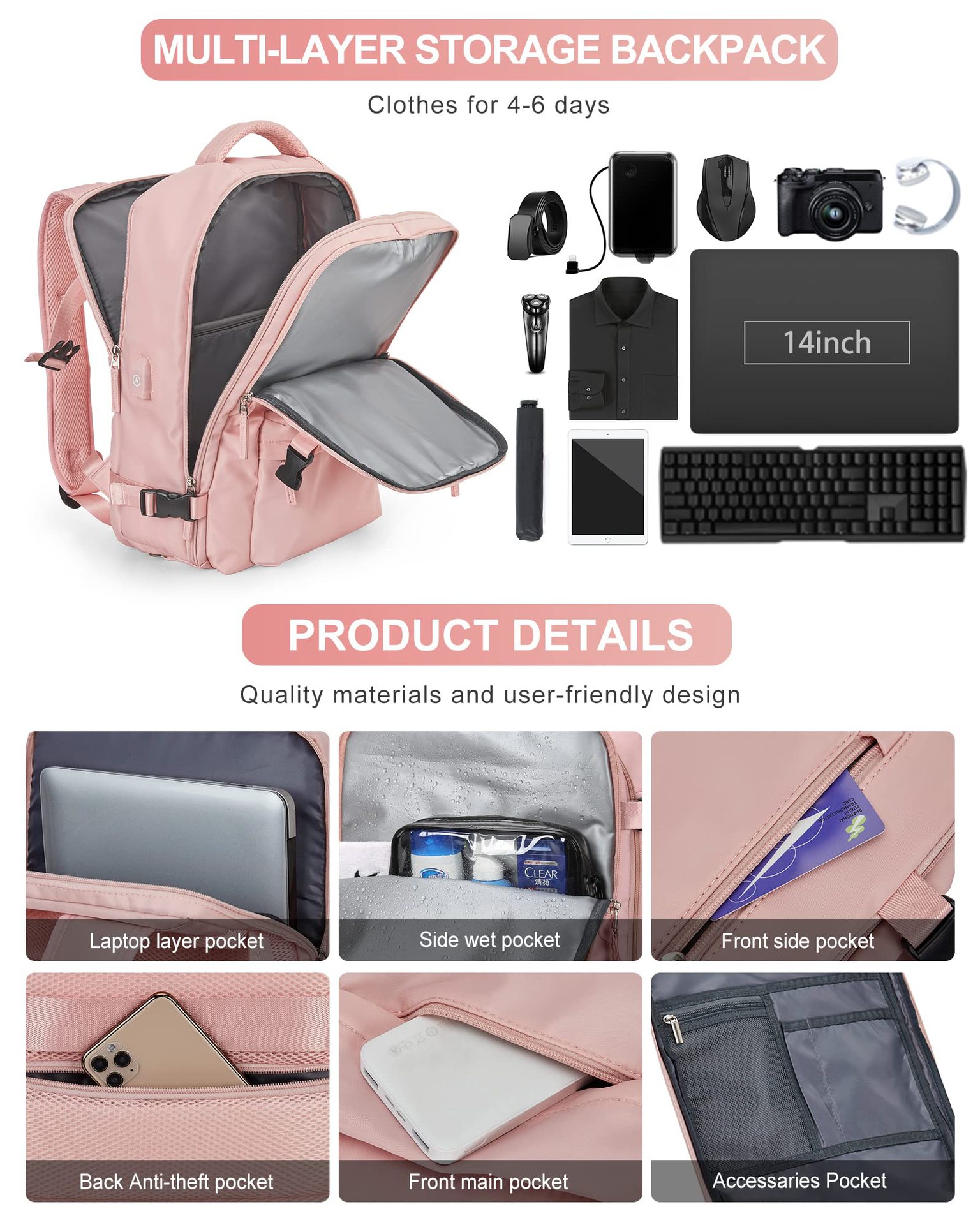 1875g Weight Nylon Lining Material Zipper Closure Type Double Shoulder Straps Strap Type Functional Backpack Bags Type Travel, Daily Occasion Nylon Material Women's Backpack Backpack Solid Color Pattern All Seasons Season Unisex Gender Streetwear Style Square Shape Solid Color Travel Daily Women's Backpack 13