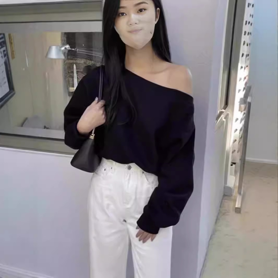 한국 세련된 가을과 겨울 틈새 우아한 한 캐릭터 칼라 어깨 느슨한 캐주얼 올 매치 짧은 긴팔 솔리드 컬러 땀