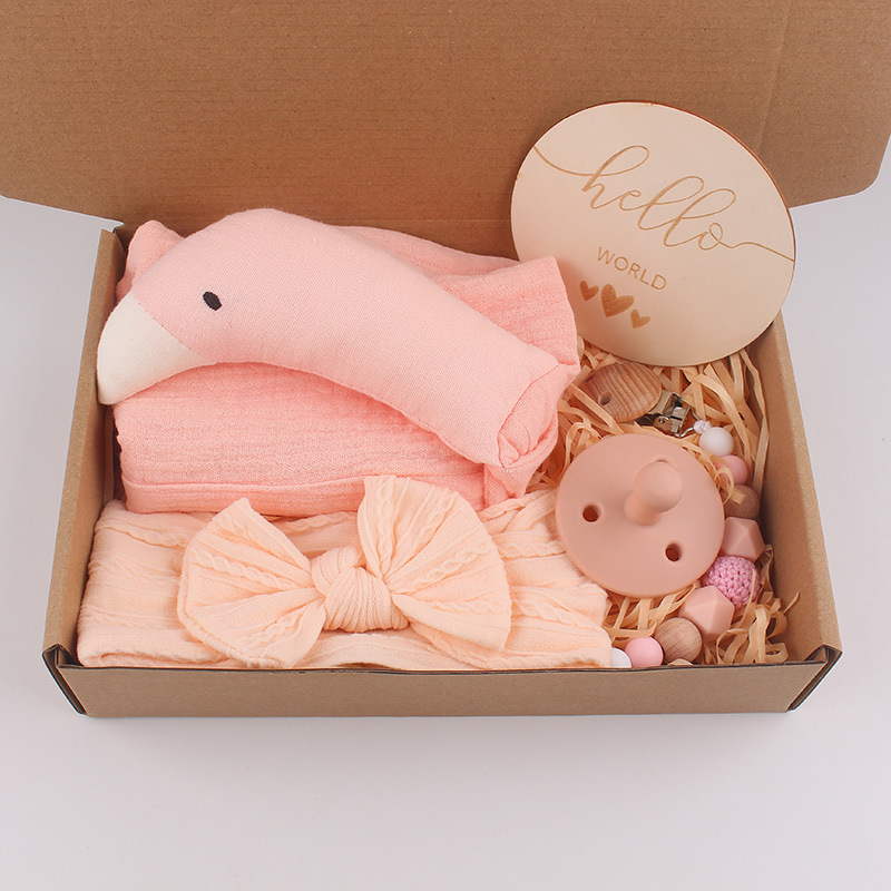 Baby algodón gaza toallas pacificantes marionetas cisne baby bow correa de cabello tetina cadena de cinco piezas caja