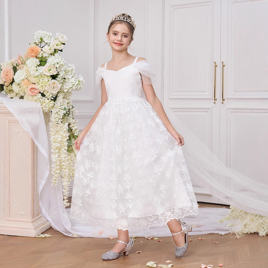 Vestido de novia blanco para niñas vestido de princesa hinchado vestido de noche de anfitrión pequeño de un hombro vestido de fiesta de piano de niña de las flores