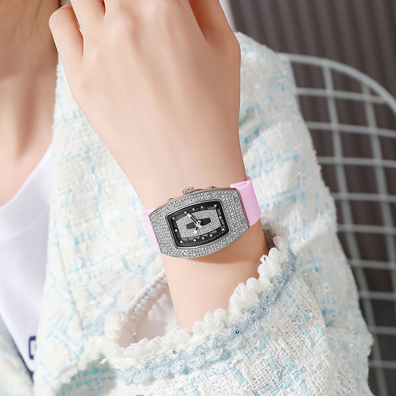 Barrel-shaped Diamond-inlaid Quartz Strap Women's Watch Fashion Trendy Temperament Ladies Wristwatch Silicone Watch Wholesale White