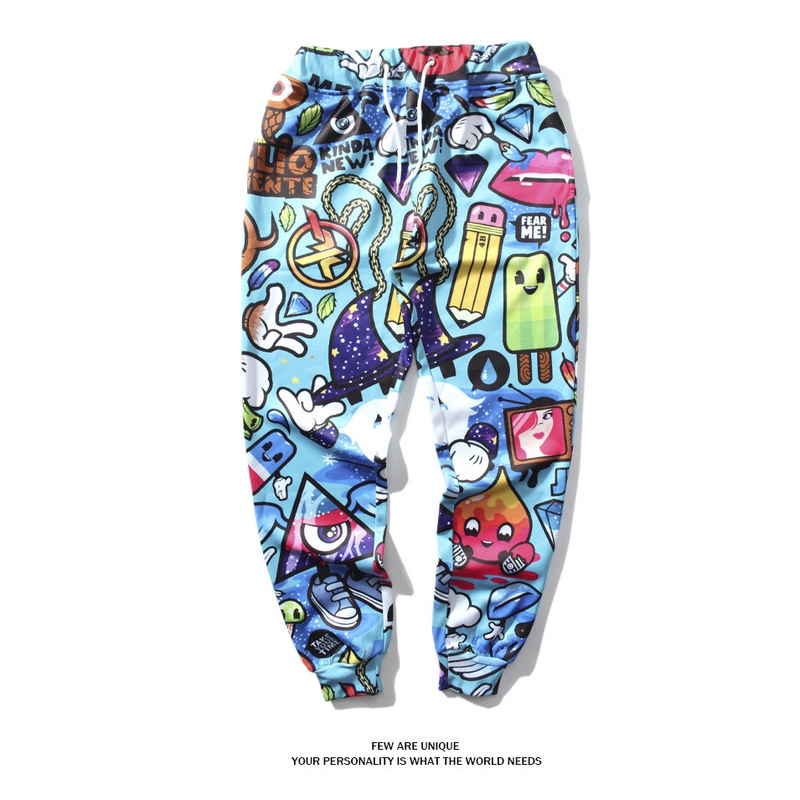 National Trend Printed Pants Chinese Blue Pants Loose Fit Good Luck Lucky Clear Print Cosplay Sports Fitness Pants Casual Long Pants