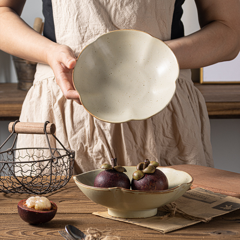 [Handmade Stoneware~Matte High-End] Japanese-Style Ceramic Household Tall Dish Bowls, Special Cooking Tableware Shallow Bowls